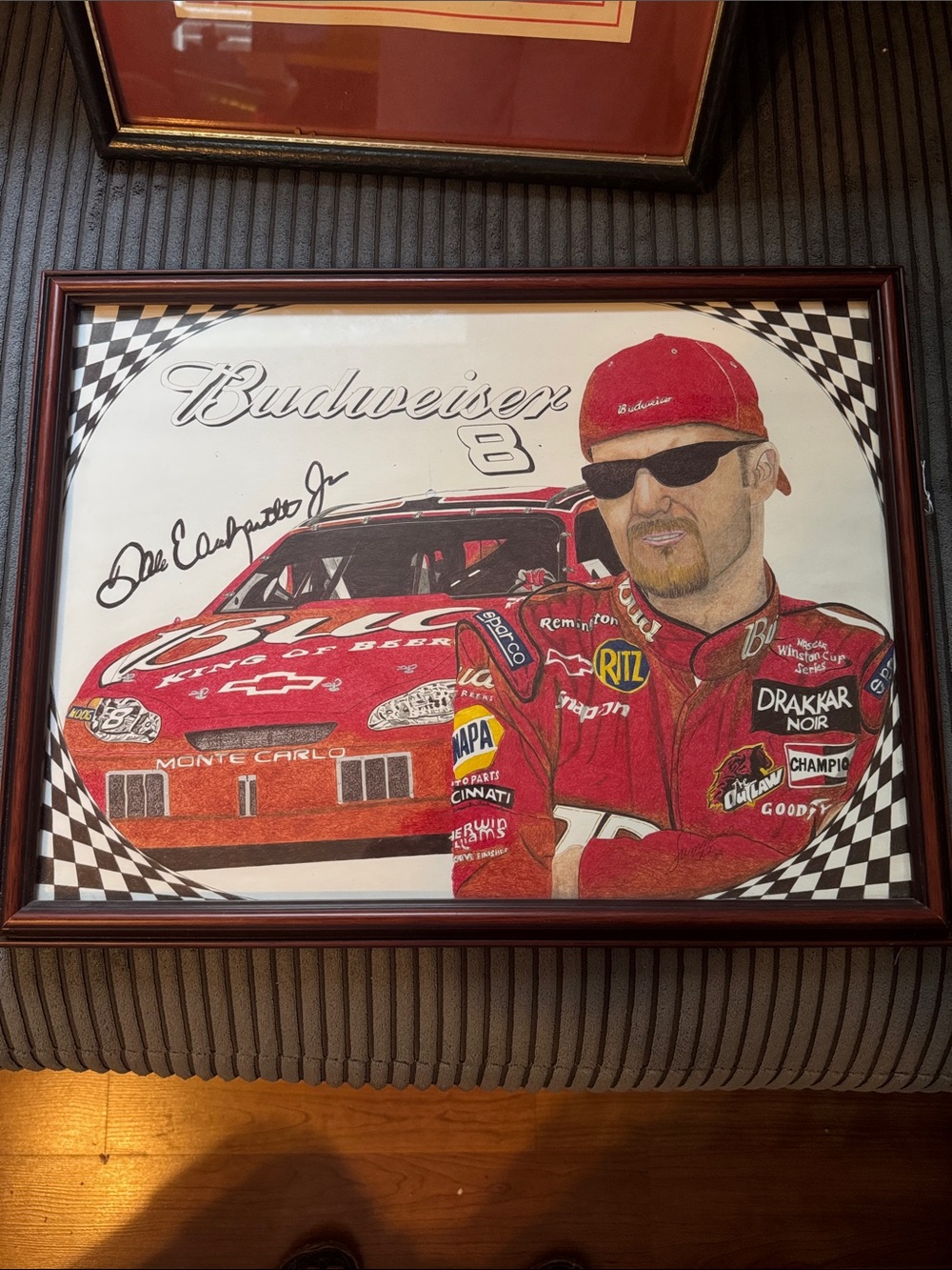 Budweiser Red Racing colored pencil with Red Car and Dale E JR Portrait